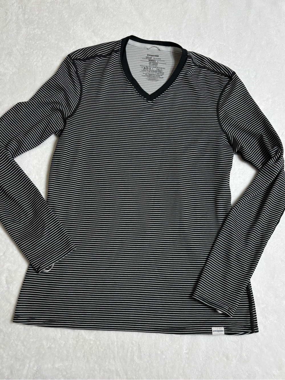 Patagonia Black & White Striped V-Neck Long Sleeve Shirt